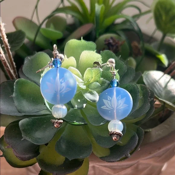 Blue Lotus Flower Dangle Earrings - Picture 2 of 3